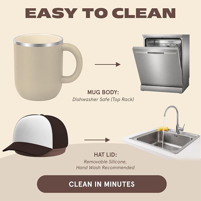 asobu Happy Hat Mug – 12 oz Double-Walled Stainless Steel Insulated Cup with Beanie-Shaped Lid – Ceramic Inner Coating – Spill-Proof and Ergonomic Design for Home and Travel (Brown)