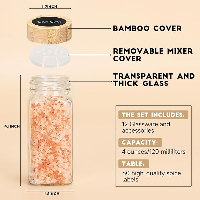 12Pcs Spice Jars with Label, 4oz Empty Square Seasoning Containers, Spice Jars with Shaker Lids, Small Spice Bottles for Salt, Herbs, Sugar, Pepper, Seasoning Jars for Spice Rack, Cabinet, or Drawer