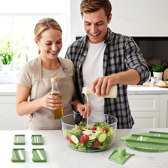 Salad Spinner Lettuce Spinner with Drainage Holes, 5 Chopping Blades, Green | 5.3 QT Large High Efficiency Fruit Vegetable Washer Dryer, Easy Press Kitchen Tool for Leafy Vegetables