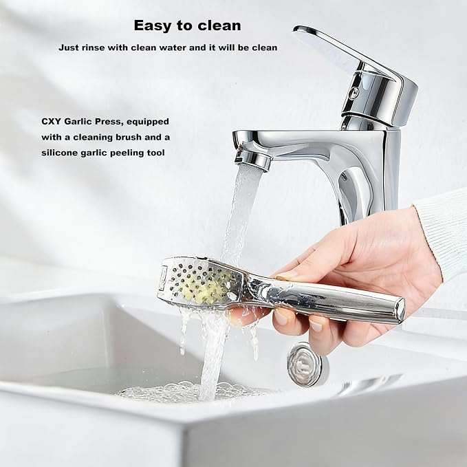 Stainless Steel Garlic Press Set Peeler & Cleaning Brush | Ergonomic soft handle, large chamber, rustproof and dishwasher safe