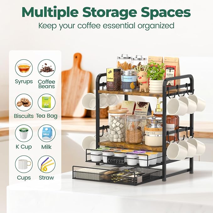EsLuker.ly Coffee Bar Organizer Station Shelf Mug Holder for Countertop | 4 Tier Mug Holder Stand with 12 Hooks, K Cup Pod Drawer for Home Office, Keeps Essentials Tidy & Accessible