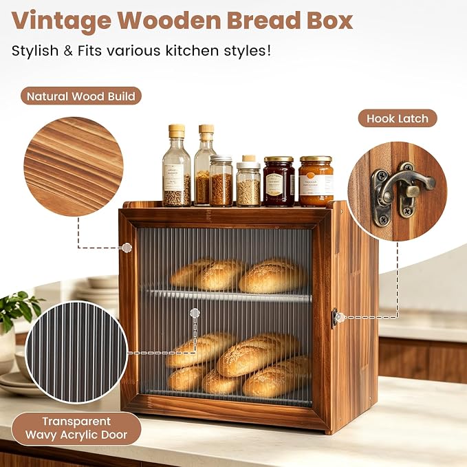 Vintage Bread Box for Kitchen Countertop, 2-Layer Large Wooden Breadbox | Farmhouse Wood Bread Boxes with Removable Stainless Steel Tray, Homemade Bread Storage Container with Clear Acrylic Window