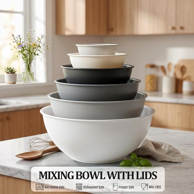 BoxedHome BPA Free Plastic Round Mixing Bowl with Lids, 12 Pack Nesting Bowls with Lids Set, Microwave and Dishwasher Safe Prep & Serving Bowls Great for Mixing, Baking, Serving (White, 12pcs)