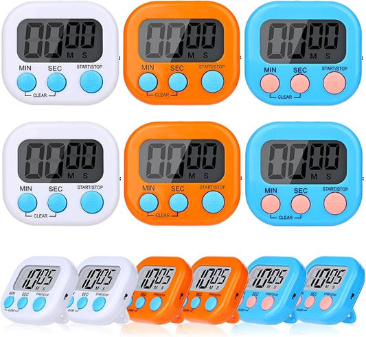 12 Pack Digital Kitchen Timers, Magnetic Countdown Timer with Loud Alarm | Big Digits, Backing Stand, Classroom, Teachers, Kids, Shower, Study, Work, Exercise, Training, Cooking.