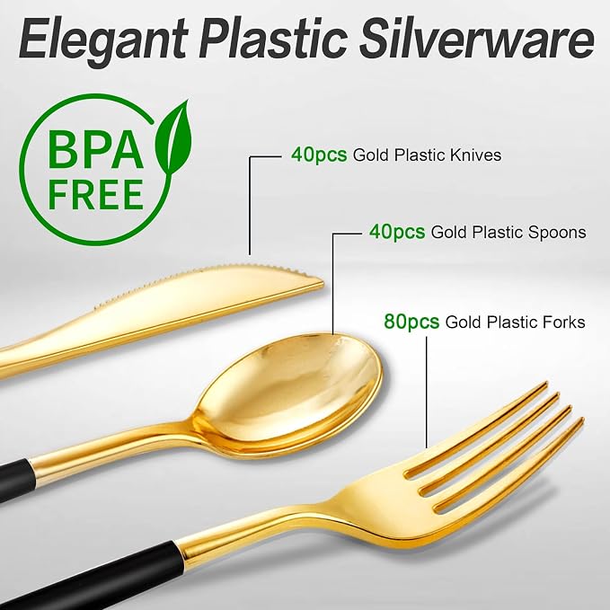 SUT Gold Plastic Silverware (160Pcs) Forks and Spoons Disposable, 80 Plastic Forks, 40 Knives, 40 Spoons, Black and Gold Utensils Set Disposable for Parties, Weddings