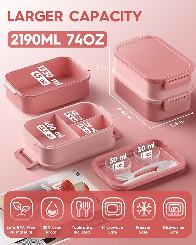 Adults Bento Lunch Box Set with Thermo Bag, 74oz Stackable Leak-proof 3-tiers Bento Box, Built-in Utensil and Sauce Container for Work, School, Dining Out (Pink)