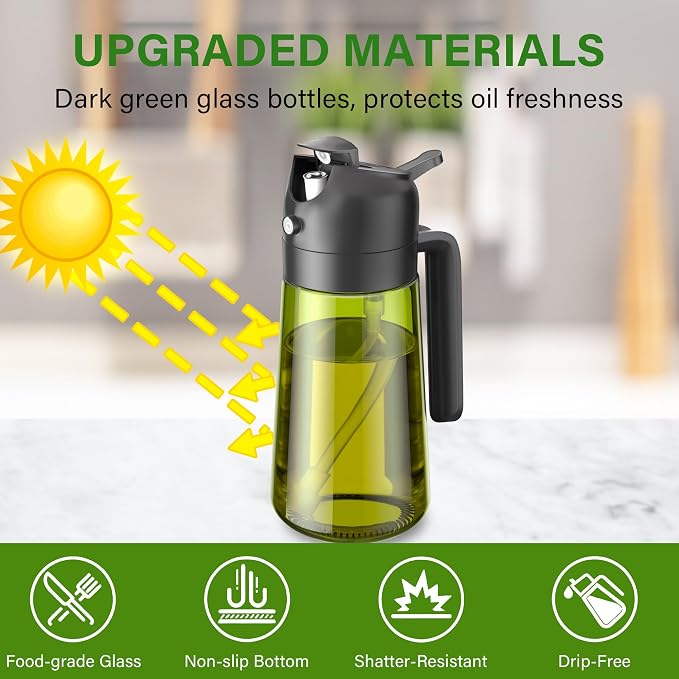 Vakoo 2 in 1 Oil Sprayer and Oil Dispenser for Kitchen - 16oz/470ml Light-Blocking Dark Glass Olive Oil Spray Bottle for Cooking, Air Fryer, Salad & BBQ (Black&Green)