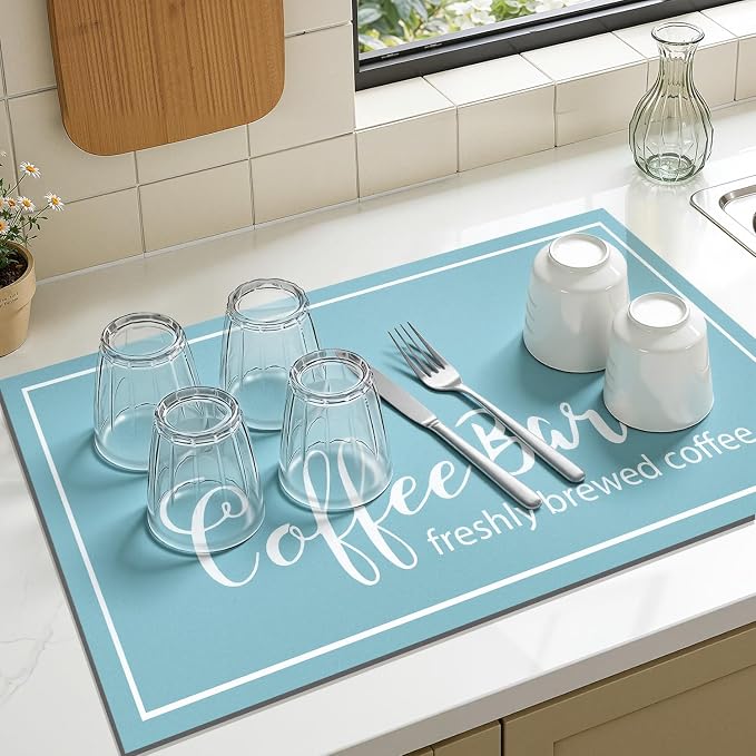 Findosom Dish Drying Mat, 18" x 24" Super Absorbent & Hide Stain Coffee Mat, Cuttable Drying Mat for Kitchen Counter, Coffee Bar Accessories, Under Dish Rack, Coffee Maker, Espresso Machine, Blue