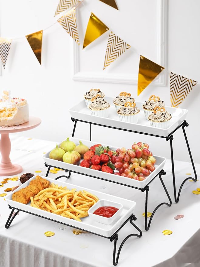 3 Tier Serving Tray Set, 14" White Porcelain Platters with Collapsible Metal Stands, Tiered Serving Stand for Party Food Display, Cupcakes, Desserts, Fruit & Appetizers | 3*Porcelain Durable Serving Plates, Microwave/Dishwasher Safe, Modern Cupcake Fru...