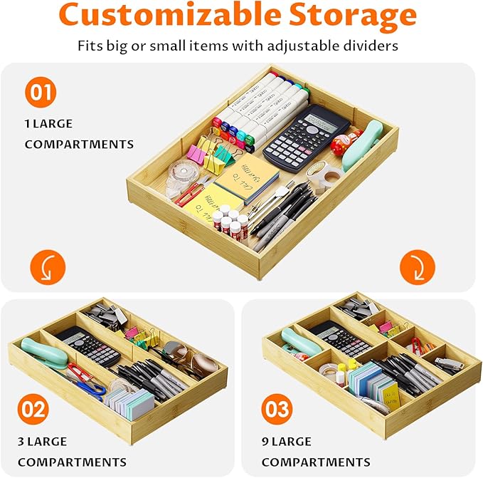 Bamboo Drawer Organizer with 9 Adjustable Compartments, Desk Storage Tray | Natural Bamboo, Flexible Modular Trays, Water-Resistant, Adjustable, Excellent Organization, Easy to Clean, Non-Slip Design