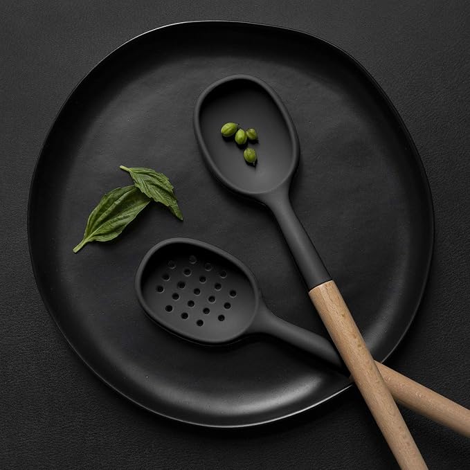 Country Kitchen Non Stick Silicone Utensil Set with Rounded Wood Handles for Cooking and Baking, 6 Piece Set, Black | Rounded Wood Handles, For Cooking and Baking