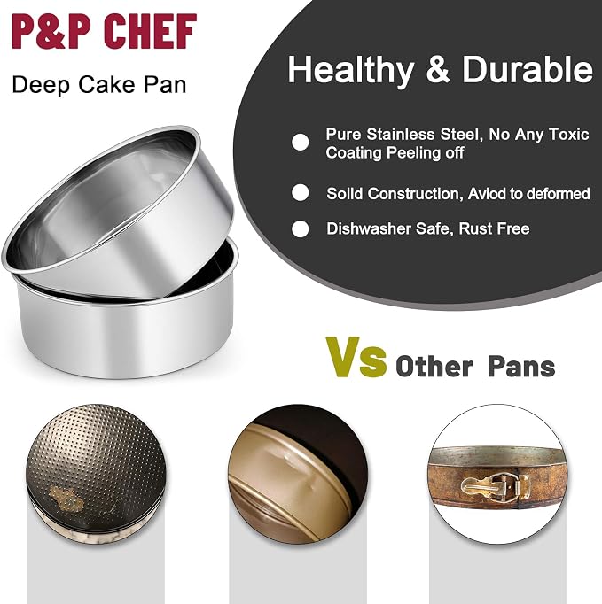 P&P CHEF 8 Inch Cake Pans Set, 2Pcs Stainless Steel Round Baking Pan | Round Layer Cake Tins for Birthday Wedding, Non Toxic & Heavy Duty, 3 Inch Deep Side & Mirror Finish, Oven & Dishwasher Safe