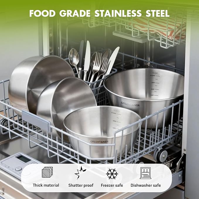 Greentainer Stainless Steel Mixing Bowls Set of 6, Nesting Bowls with Measurement Markings, 7.6 to 0.8 Qt for Baking, Prepping, Cooking and Serving Food, Large Metal Kitchen Bowls Dishwasher Safe