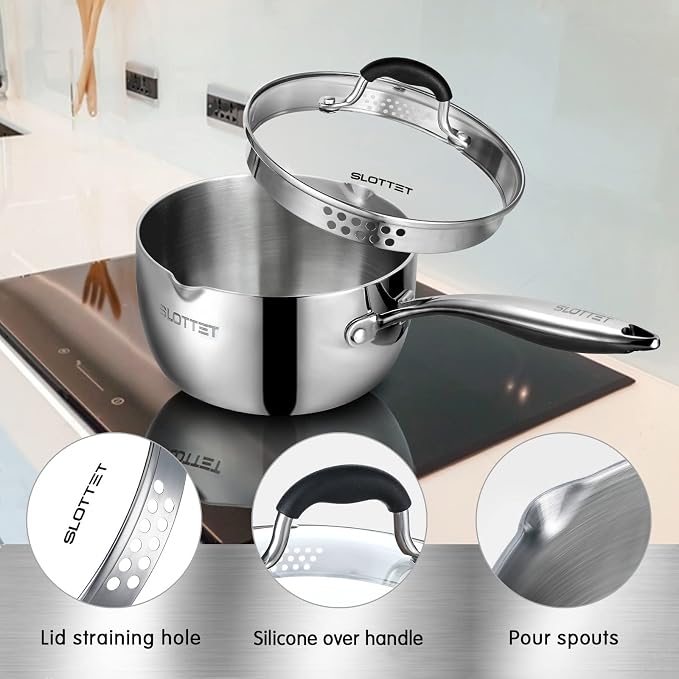 SLOTTET 3.5 Quart Stainless Steel Saucepan with Pour Spout, Tri-Ply Full Body Small Multipurpose Pot with Strainer Glass Lid, 3 Qt Sauce Pan for Cooking with Stay-cool Handle.