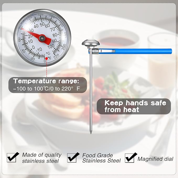 Xuhal 6 Pcs Stainless Steel Kitchen Thermometer with 5 Inch Long Stem 1 Inch Dial Thermometer Milk Frothing Food for Oven Probe Meat Grill BBQ Cooking Chocolate Water(Blue)