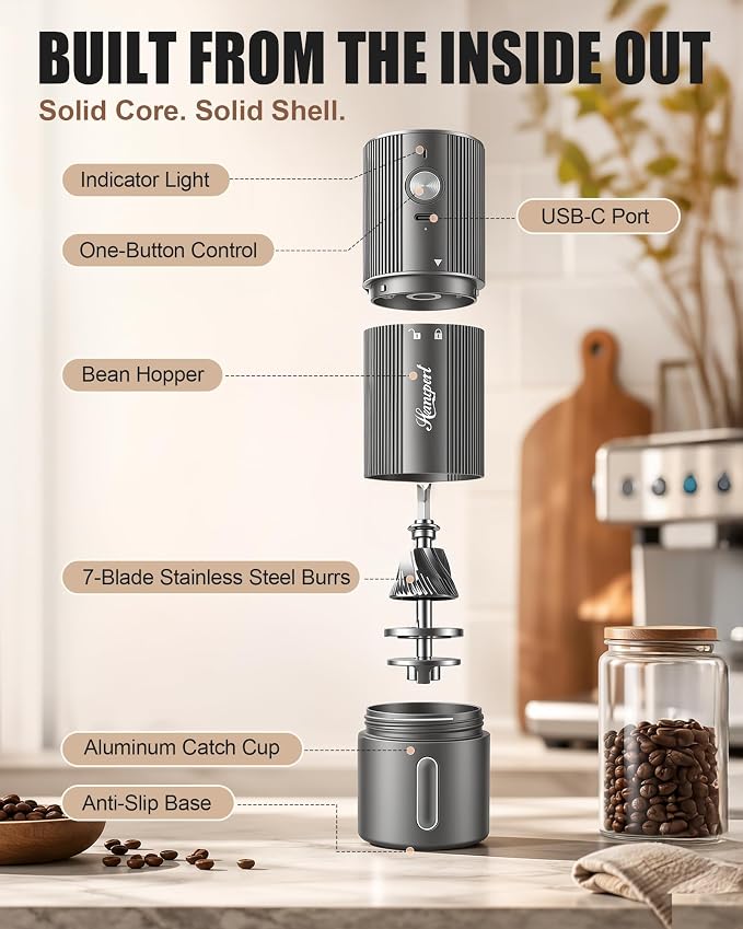 Upgraded Faster Electric Coffee Grinder, Stainless Steel Burrs, Gray | Cordless Coffee Mill, 1600mAh Rechargeable Battery, 40 Setting for Pour-Over to Espresso, Portable for Camping, Travel