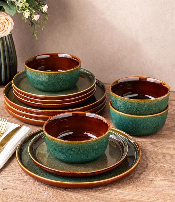 GBHOME Dinnerware Sets for 8, 24 Pieces Ceramic Plates and Bowls Set | Scratch Resistant Stoneware Dishes Set, Dishwasher & Microwave Safe, Reactive Glaze-Brown Green