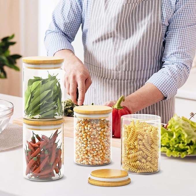 6Pcs 18oz Glass Storage Jars, Airtight Bamboo Lid Containers With Labels | Moisture Block Seal, Clear Visible Body, Moderate Volume, Cabinet Space Saving, Quick Category Marking