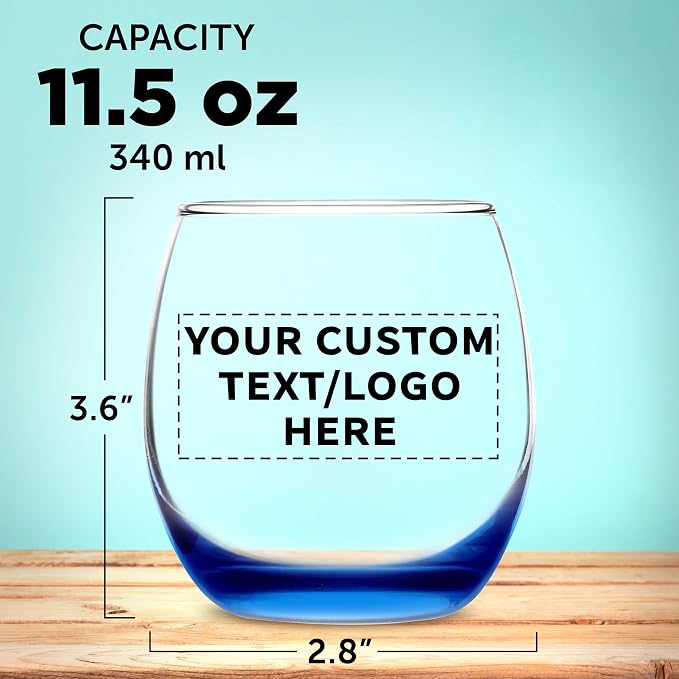 Custom Mikonos Stemless Wine Glasses 11.5 oz. Set of 10/50/100, Personalized Bulk Pack - Restaurant Glassware, Perfect for Red Wine, White Wine, Cocktails - Blue