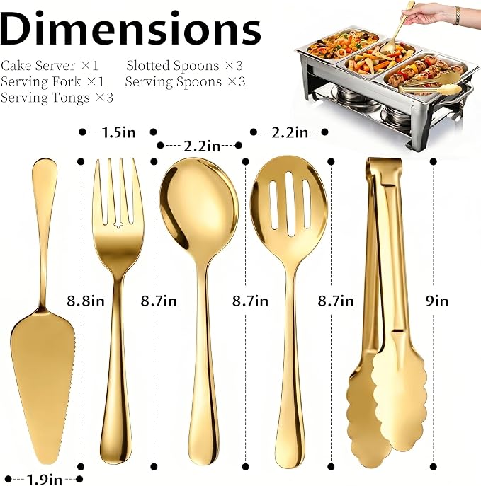 11PCS Stainless Steel Gold Serving Utensils, 8.7''Serving Spoons,8.7''Slotted Spoons, Serving Fork, 9'' Serving Tongs,Cake Server,Hostess Serving Set for Chafing Dish Buffet Catering Parties