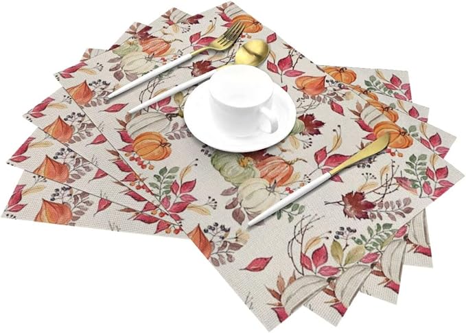 Fall Placemats Set of 4, Pumpkin Maple Leaf Flower Decorative Table Mat 12 x 18 Inch Heat Resistant Non Slip Line Fabric Autumn Thanksgiving Place mat for Dining Table
