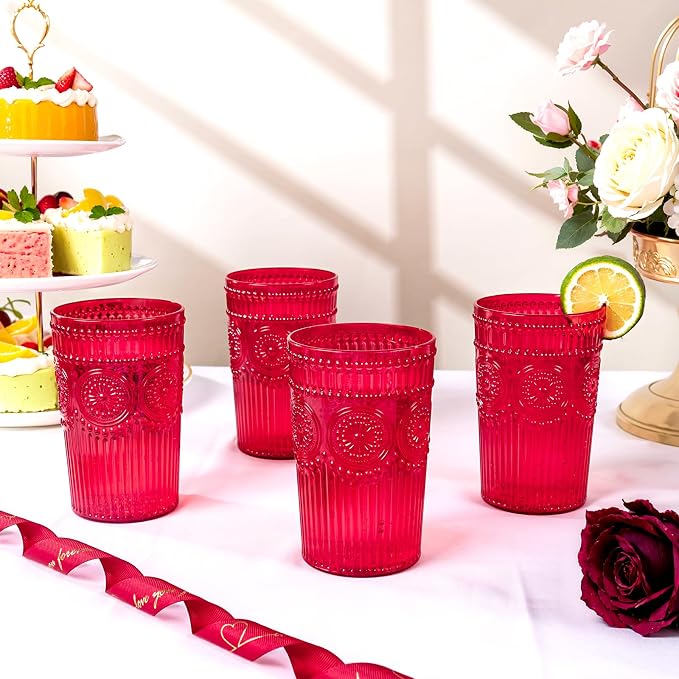 Ciaell 12 Pack Red Plastic Water Glasses for Parties Dinners | 14 oz Red Embossed Ribbed Vintage Drinking Cups, Heavy Duty Plastic, Beer Juice Beverages Wine for Outdoor Weddings