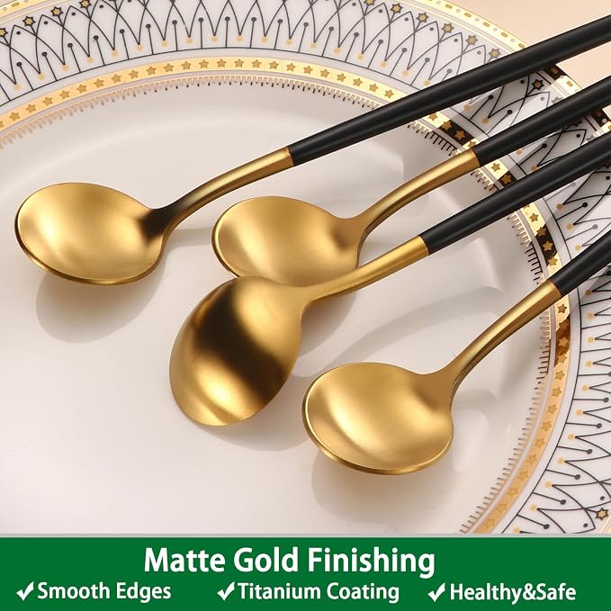 DEHOV 7.95 Inches Satin Gold SS18/10 Long Stirring Spoons With Black Handle,Elegant Iced Tea Spoons,Long Handle Mixing Spoons For Coffee,Cocktail,Ice Cream,Milk