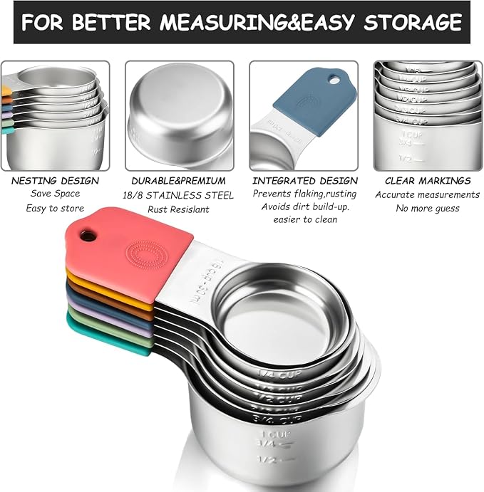 Measuring Cup and Spoon Set Stainless Steel Includes 7 Stackable Measuring Cups 8 Double-Sided Magnetic Measuring Spoons, 1 Level Meter for Dry and Liquid Ingredients