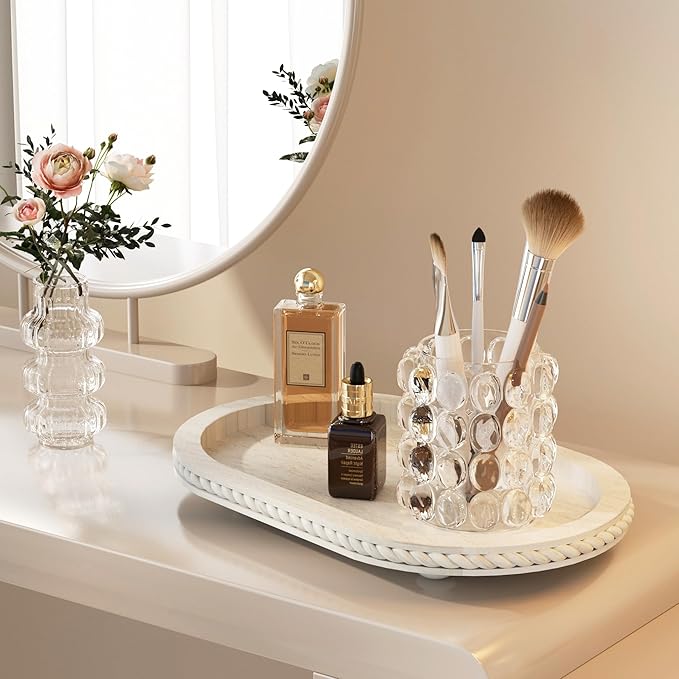 Urban Deco Oval Wooden Decorative Tray Set of 2 | Farmhouse Vintage Decorative Tray Stand for Coffee Table, White Serving Tray for Living Room Kitchen Home Decor