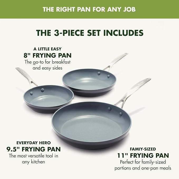 GreenPan Valencia Pro 3 Piece (8", 9.5" & 11") Ceramic Nonstick Skillet Set | Frying Pans, PFAS-Free Nonstick, Induction Ready, All Cooktop Compatible, Hard Anodized, Gray, Dishwasher & Oven Safe to 600F