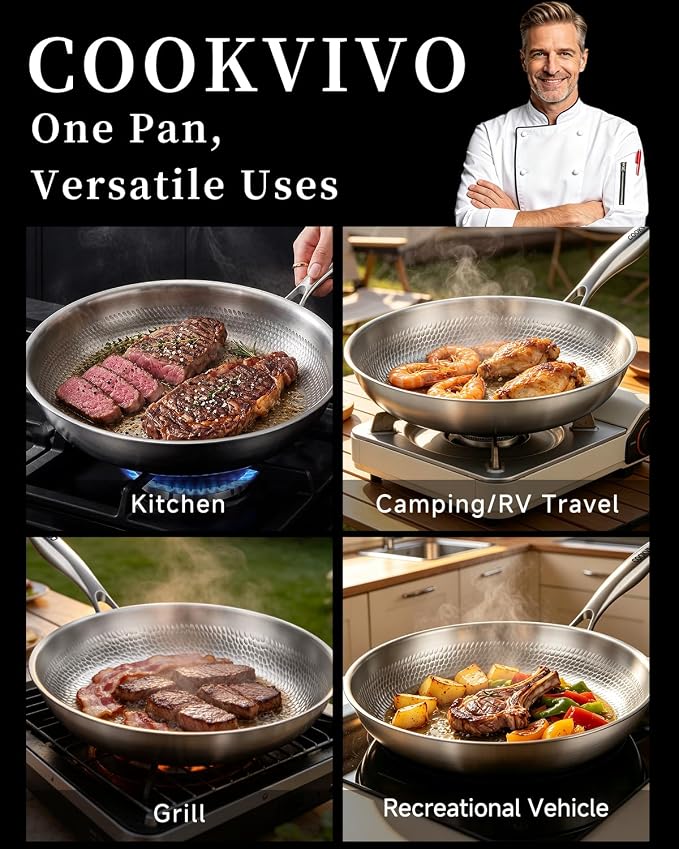 Titanium Pans for Cooking,12 Inch Frying Pan,Nonstick Pan Skillet | Uncoated Hammered Pure Titanium Pro Pan, PFOA/PFAS/PTFE Free Cookware Non-Toxic, Induction & Oven-Safe