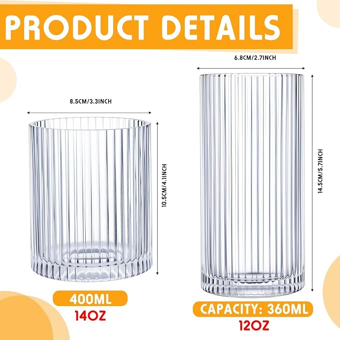 Zhehao 12 Pcs Ribbed Drinking Glasses Set 12 oz 14 oz Glass Cups Vintage Glassware Ribbed Cocktail Cup Clear Ice Coffee Highball Ripple Drinkware for Home Bar Beverages
