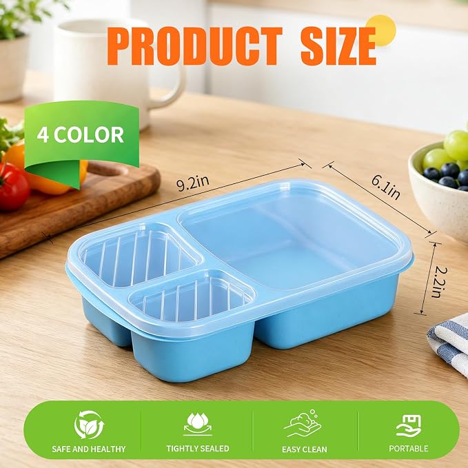buluker 8 Pack Bento Lunch Box Set 3 Compartment Food Storage Containers Wheat Straw Meal Prep Lunch Box Plastic Food Storage Containers, Microwave and Dishwasher Safe (Vivid Colors)