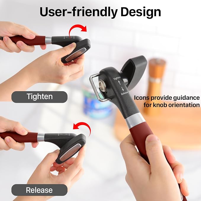 Beneno Can Opener, Manual Side Safe Cut Can Opener Smooth Edge, Red | Durable Sharp DC53 Steel Cutting Blade, Clean Cut with no Sharp Can Edges, Big Effort-Saving Knob, Comfortable Non-Slip Grip