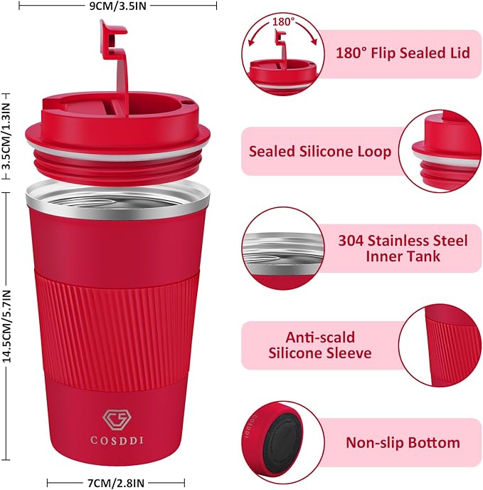 CS COSDDI 12 oz Stainless Steel Vacuum Insulated Tumbler - Coffee Travel Mug Spill Proof with Lid - coffee Cup for Keep Hot/Ice Coffee,Tea and Beer (Red) | Stainless Steel Double-wall insulation, 6-Hour Heat Retention, 360°Leak proof, BPA-free, Reusabl...