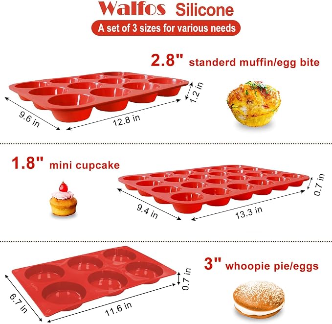 Walfos Silicone Muffin Pan Set of 3, Including Regular 12 Cups Muffin Pans, 24 Cups Mini Muffin Pan & 6 Cups Muffin Top Pan, Non-Stick Cupcake Pan, Easy to Release & Dishwasher Safe