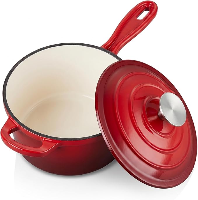 Homikit 1 Quart Saucepan with Lid, Small Enameled Cast Iron Sauce Pan, Enamel Cast Iron Cooking Pot Mini Dutch Oven Kitchen Cookware for Making Pasta, Boiling Soup, Warming Milk, Red