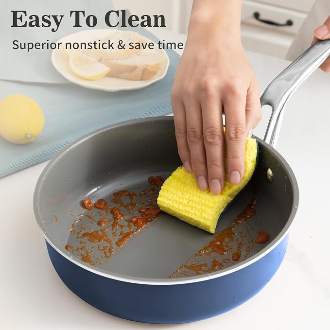 10-in-1 Blue Ceramic Nonstick Deep Saute Pan Set With Steamer & Lid, 4QT | PFAS-free frying pan.non-toxic. Induction ready. Oven safe to 480°F. Cool-touch handle. Dishwasher safe. Perfect for RVs!