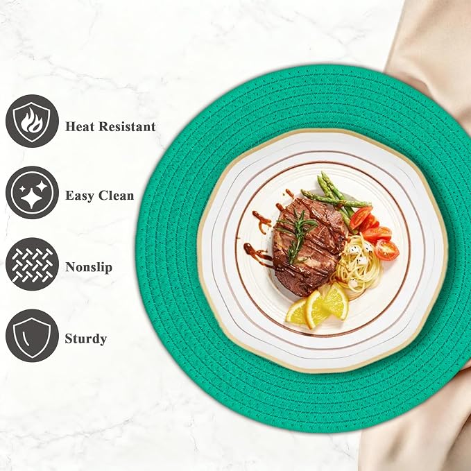 Round Placemats Set of 6, Cotton Rope Woven Table Mats, Hot Pads for Kitchen, Non Slip Heat Resistant Place Mats, 13 Inches Braided Placemat for Farmhouse Decor and Kitchen Table Decor (Turquoise)