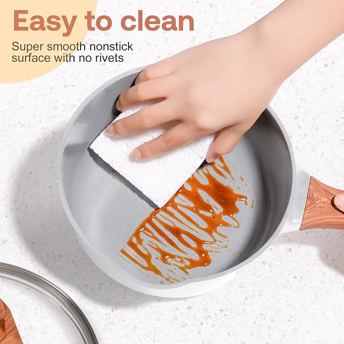 2 Quart Nonstick Sauce pan with Lid, Ceramic Sauce Pot for Cooking with Pour Spout, Small Cooking Pot with Handle for Stove, Induction, Gas, Non Toxic, PFOA Free (White, 1 PCS)