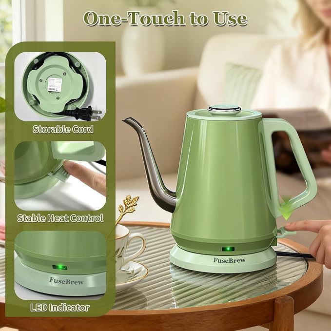 Gooseneck Electric Kettle 0.8L, 1200W Fast Boiling Stainless Steel – Auto Shut-Off, Precision Pour Over Kettle for Coffee & Tea, Ideal for Small Kitchen, RV, Travel (Green)