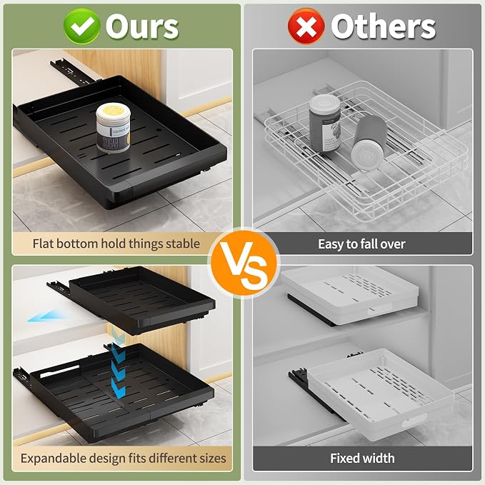 DOMNIU Pull Out Cabinet Organizers Expandable,Black,16.9" Depth,2 Pack | Slide Out Drawers for Kitchen, Bathroom, Pantry, Under Sink Storage, Fixed with Adhesive Nano Film (11.6''-17.5'')