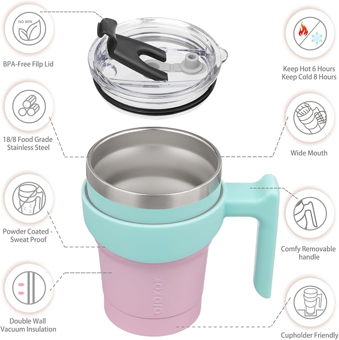 BJPKPK 10 oz Mini Tumbler with Lid, Straw & Handle, Insulated Steel Cup | Small, Spill Proof, Leak Proof, Thermal, Double Wall Vacuum, Sweatproof, Dishwasher Safe, BPA Free, Bubble Gum