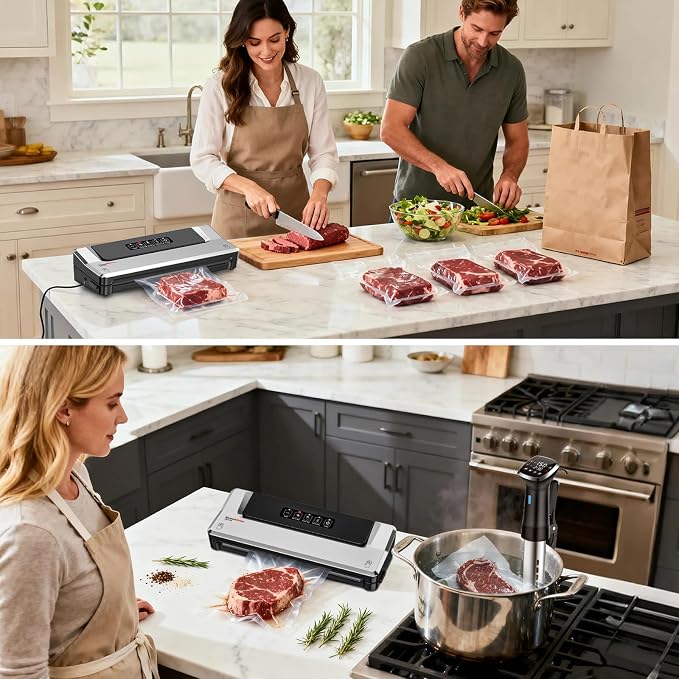 Bonsenkitchen Vacuum Sealer Machine, Multiple Modes For Meal Prep,Silver | Compact Vacuum Sealer for Kitchen Storage & Sous-Vide,External Vacuum System,6x Longer Freshness,5 Vacuum Bags