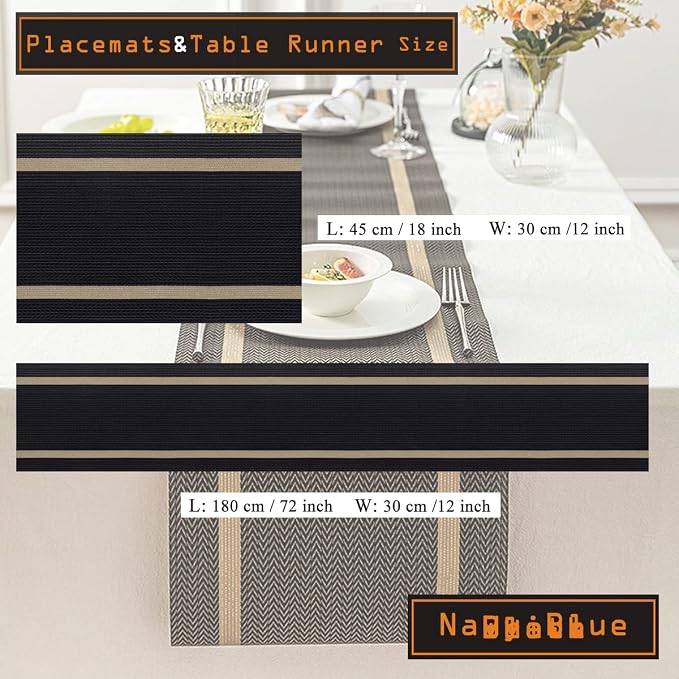 Elegant Placemats and Table Runner Set, Stylish Durable Placemats Set of 6 for Home Wedding Hotel Decoration (Black)