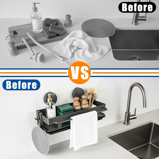 Sponge Holder for Kitchen Sink, Suction Cup Sink Caddy with Tray | Designed for smooth kitchen sink surfaces to organize sponges, brushes, soap and towels while opening up counter space