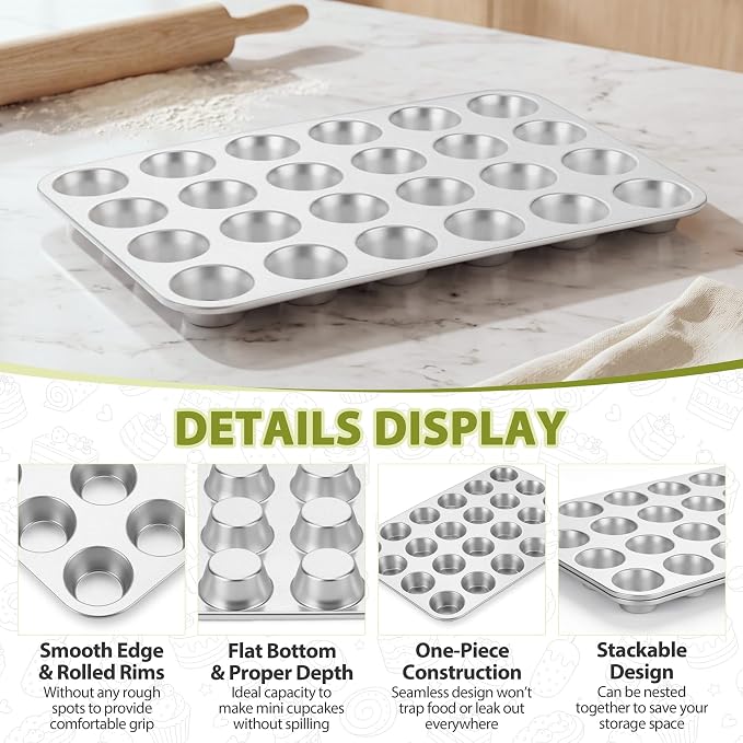 TeamFar Mini Muffin Pan, Stainless Steel 24-Cup Muffin Tin for Baking- 2PCS | Small Cupcake Pan Tray for Egg Bites Mini Cakes Quiches, Brunches Parties Birthday Treats, Healthy & Sturdy, Dishwasher Safe