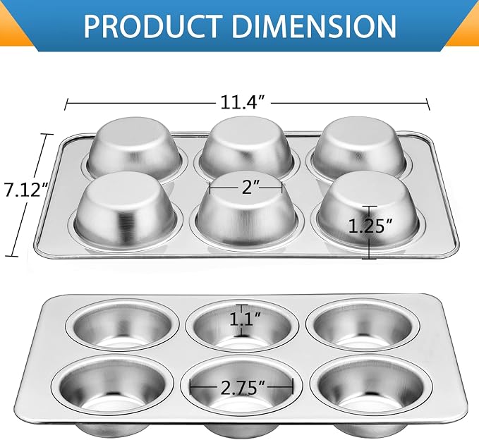 E-far Stainless Steel Muffin Pan Set of 2, 6-Cup Cupcake Tin for Baking | Metal Muffin Tray, Non-toxic & Healthy, Oven & Dishwasher Safe, Regular Size - 11.44 x 7.12 x 1.25 Inch