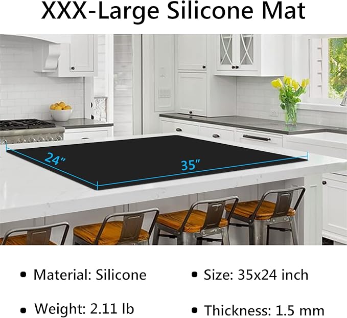 Silicone Mat for Kitchen Counter, 35" by 24" Extra Large Countertop Protector, 0.06" Thick Multipurpose Mat, Heat-Resistant Placemats, Desk Saver Pad, Table Dish Mat, Nonstick, Nonskid, Black