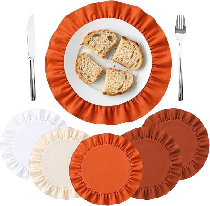 Set of 6 Fall Placemats Orange Round Ruffled Table Placemats 15 Inch Fabric Vintage Farmhouse Boho Rustic Circle Mat for Fall Thanksgiving Harvest Halloween Party Supplies Table Decorations